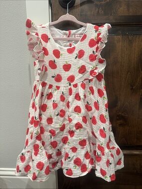 Cheeky Plum Girls White Dress with Red Apple Print - Charming Ruffle Sleeves